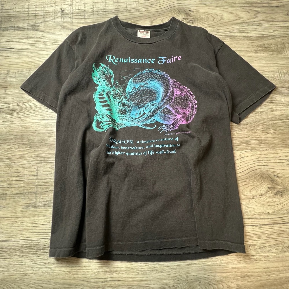 Oneita Renaissance Faire Dragon T-Shirt Mens L Black Vintage 90s Graphic Tee